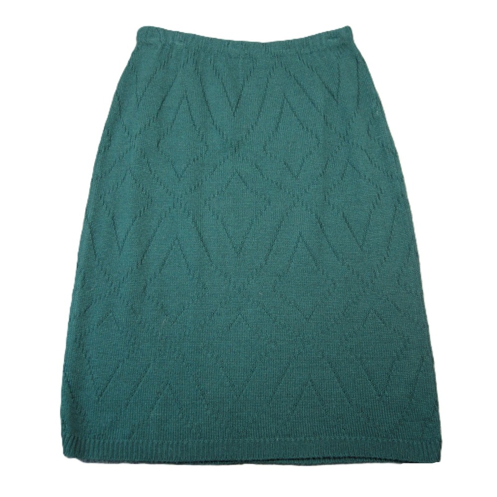 Vtg Sweater Skirt M Green Pointelle Knit Elastic Waist USA 70s Christmas Holiday